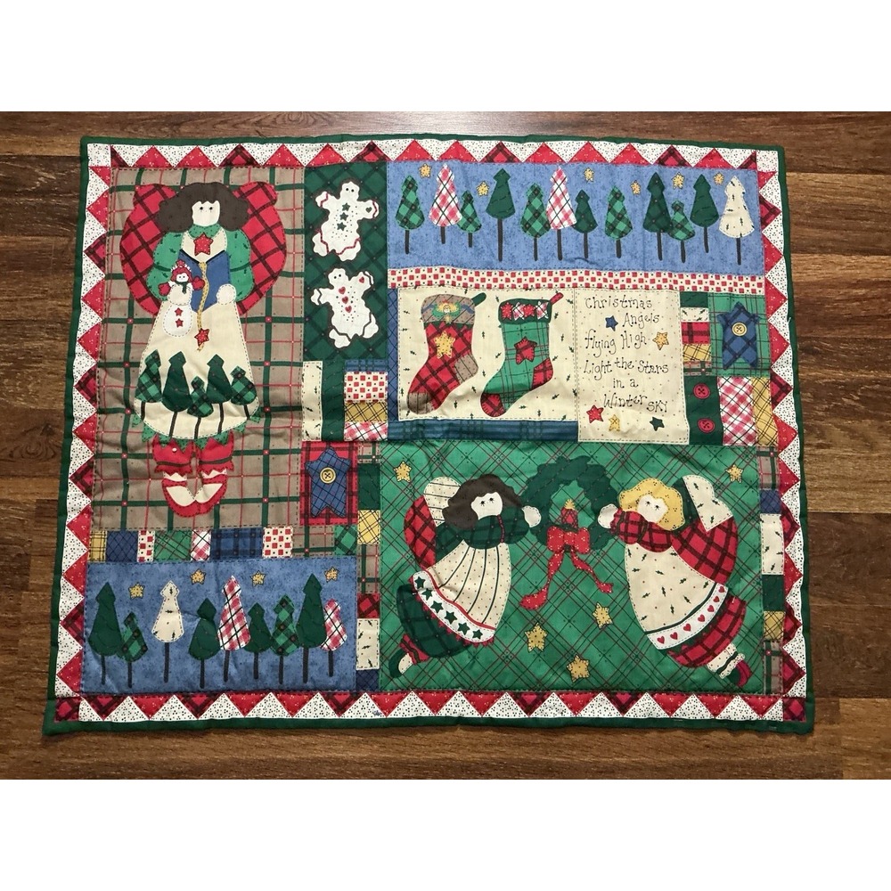 Vtg UNFINISHED Hand Stitched Wall Hanging Quilt CHRISTMAS ANGELS 25in X 31in **